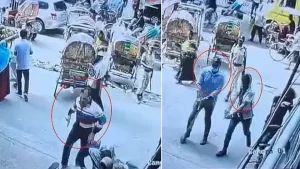 সিসিটিভির ফুটেজে দেখা যায়, তারিক সাইফ মামুন দৌড়ে পালানোর চেষ্টা করছেন (বাঁয়ে)। দুই ব্যক্তি খুব কাছে থেকে তাকে গুলি করছেন (ডানে)। ছবি : সিসিটিভির ফুটেজ থেকে নেওয়া