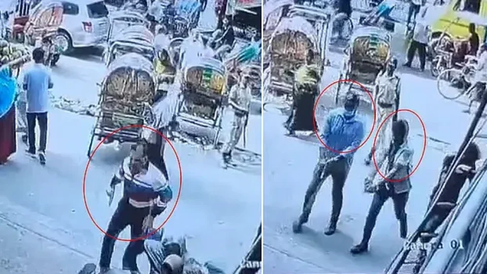 সিসিটিভির ফুটেজে দেখা যায়, তারিক সাইফ মামুন দৌড়ে পালানোর চেষ্টা করছেন (বাঁয়ে)। দুই ব্যক্তি খুব কাছে থেকে তাকে গুলি করছেন (ডানে)। ছবি : সিসিটিভির ফুটেজ থেকে নেওয়া